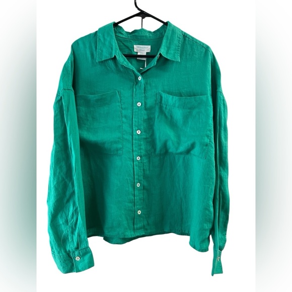 Green long sleeve linen button down blouse - Picture 1 of 4